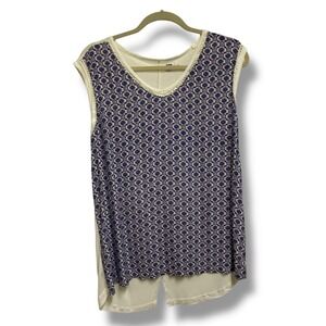 Route 66 Tank Top XL Blue White Boho Print Sleeveless Back Slit Hem Tile Print
